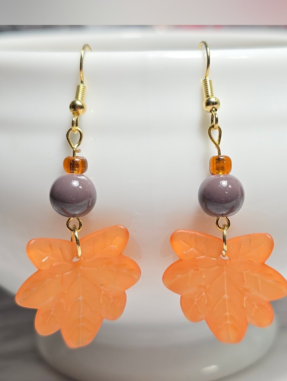 Gold-Tone Orange Maple Leaf Drop Earrings Mauve Purple And Amber Glass Beads